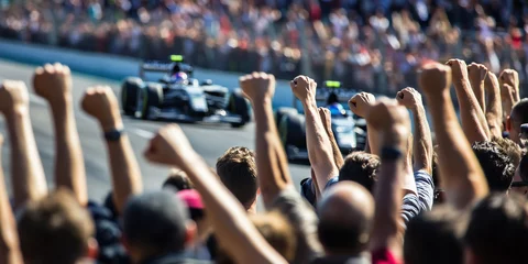  F1 fans cheering racers during Grand Prix victory celebration © stockmotion