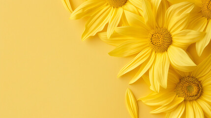Yellow daisy flowers arranged in corner of yellow background.  Minimalist floral design.