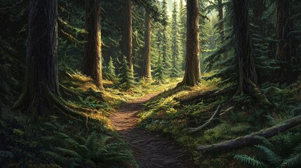 Obraz premium A sunlit path cuts through the heart of a lush, green forest.