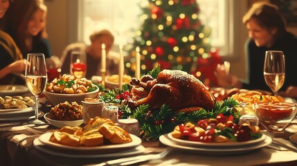 Fototapeta premium An illustration of a Christmas Eve feast, featuring a table laden with delicious food, festive decorations, and happy family members gathered around..
