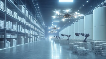 A futuristic warehouse with drones and robotic arms for automated logistics.