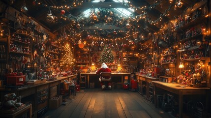 A photo of a workshop filled with toys, tools and Christmas magic, perhaps featuring Santa Claus working on Christmas preparations.