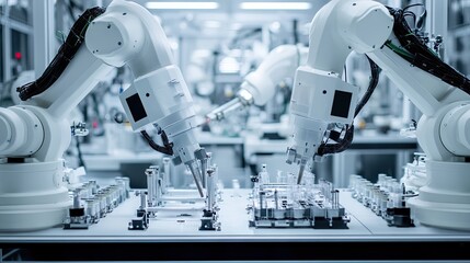 Machine in motion, robotic arms assembling products with flawless precision