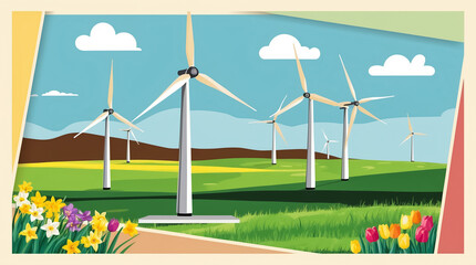 Wind farm, turbine in the field, green energy concept, flat illustration, rural landscape, summer