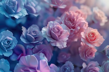 Multicolored Flower Background. Floral Wallpaper with Aqua, Purple and Pink Roses. 3D Render