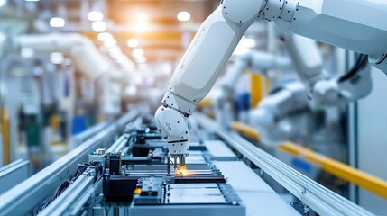 Machine working in a factory, assembling electronics with robotic precision
