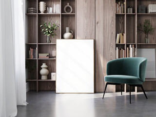 Close UP poster in minimalism interior design with home decor, 3d illustration.