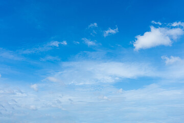 Fluffy white clouds drift across a vast blue sky, painting a breathtaking cloudscape