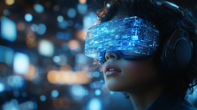 School student with VR headset using 