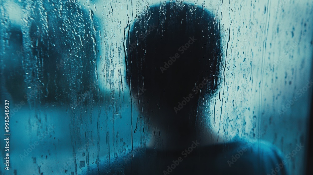 Poster a lone figure stands by a rain-covered window, lost in thought as raindrops flow down the glass, cre
