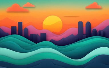 A vibrant sunset over a stylized city skyline and rolling waves, featuring bold colors and layered silhouettes, perfect for artistic projects.