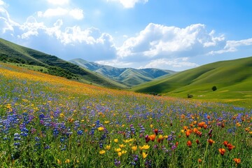 Fototapeta premium Rolling hills and a colorful meadow, filled with vibrant flowers under a sunny sky