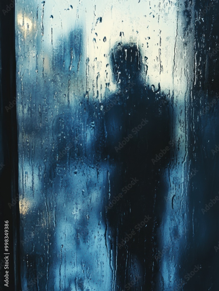 Poster a figure stands by a window, observing the rain trickling down the glass, surrounded by a soft, mela