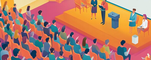 Presenter at scientific conference speaking to audience flat design top view academic setting theme animation vivid