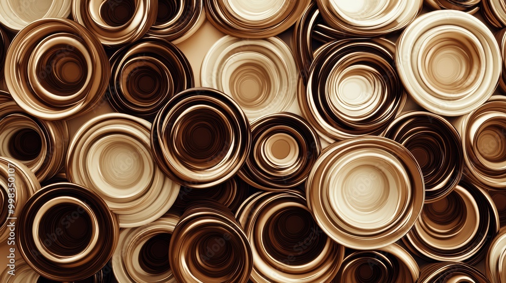 Poster An intricate arrangement of overlapping coffee cup rings forms a captivating pattern in diverse shades of brown, enhancing its organic appeal. Generative AI