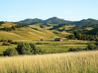 Rolling hills with a small farm nestled in the valley, peaceful rural setting