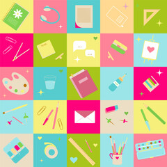Stationary, science or back to school square vector seamless pattern with glue, notebook, clip, stickers, eraser, pencil, pen, brush, paper stapler and pins.
