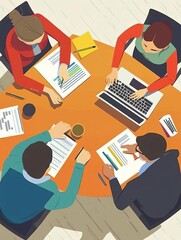 Fototapeta premium Three professionals collaborating in a meeting flat design top view business strategy theme animation vivid