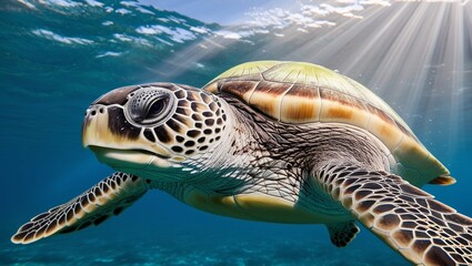 Fototapeta premium Underwater photo of a turtle swimming in the ocean