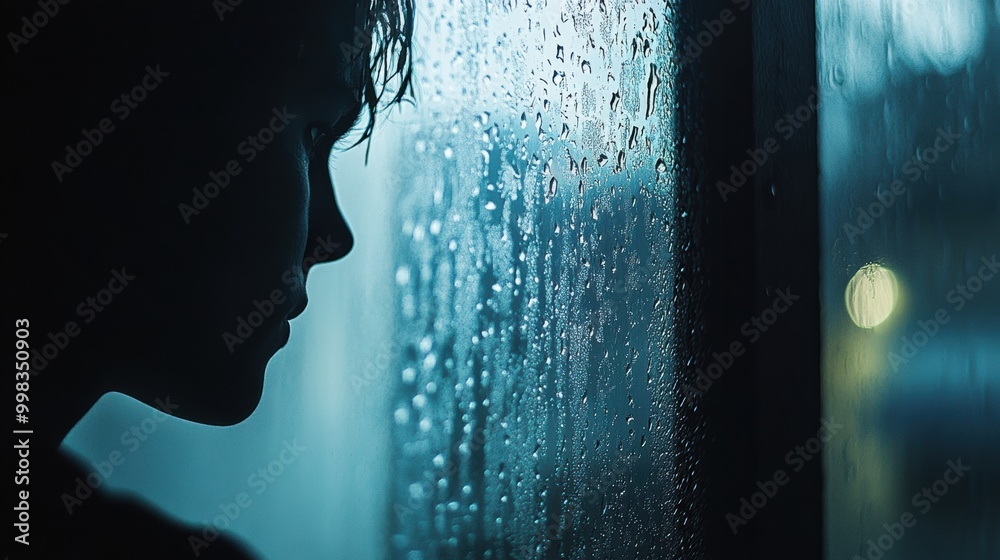 Poster a lone person stands by a rain-drenched window, immersed in contemplation while observing the gentle