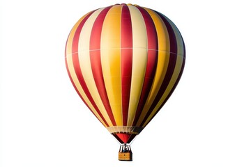 Fototapeta premium A colorful hot air balloon with red and yellow stripes, soaring against a white background.