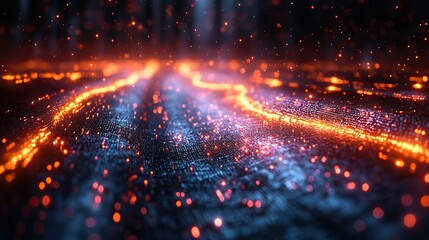 Fototapeta premium A 3D illustration of a futuristic digital grid with abstract particles in a cyber tech setting.