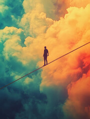 Fototapeta premium Person walking on a tightrope surrounded by vibrant clouds.