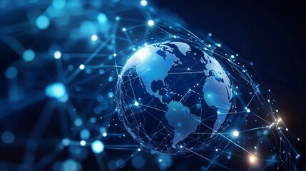 Obraz premium Global communication networks leverage internet technology for IoT, telecommunications, data exchange, worldwide connectivity, financial transactions, business operations, blockchain applications