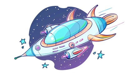 graphics of space, planets, and astronauts on a white background.