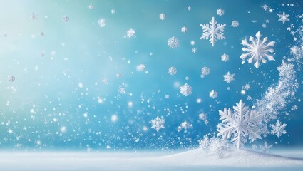 Christmas festive blue background with 3D-rendered white snowflakes and ample copyspace, ideal for holiday cards or seasonal greetings
