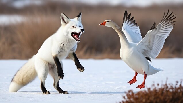 The arctic fox stands on two paws, preparing to jump on the goose