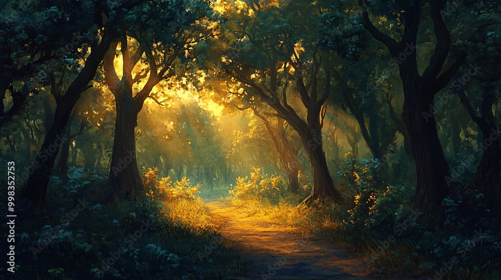 Wall mural a warm golden light illuminates a path through a dense forest with tall trees casting long shadows.