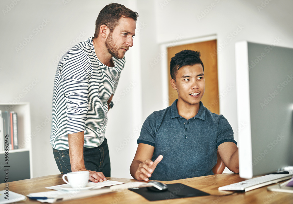Poster team, business men and coaching on computer for help, creative or review on post production software