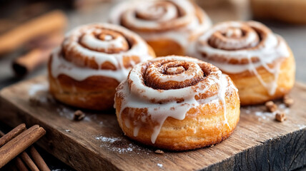 Four freshly baked cinnamon scrolls topped with creamy icing sit on a wooden board