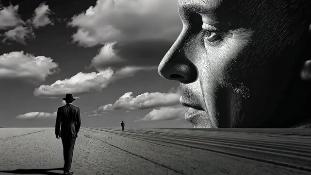 A man is walking in a field with a large face in the background. Scene is mysterious and eerie, as the man is alone and surrounded by an unknown entity