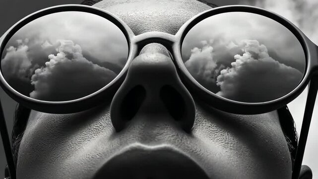 A man wearing sunglasses with a cloudy sky in the background. Concept of mystery and intrigue, as the man's reflection in the sunglasses creates an interesting visual effect