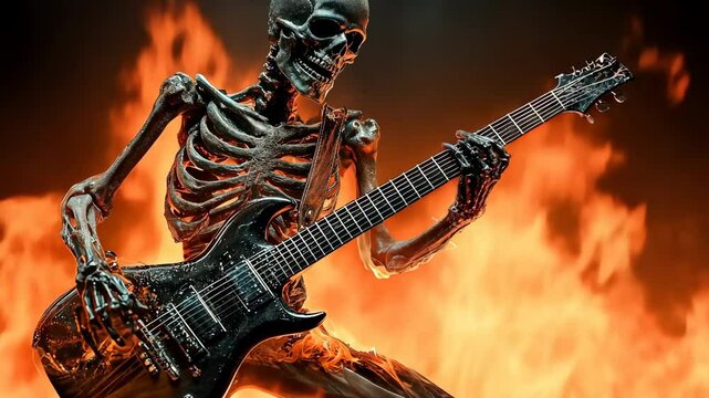 A skeleton is playing a guitar in a fiery scene. Concept of danger and excitement, as the skeleton is surrounded by flames while playing the instrument. The combination of the skeleton