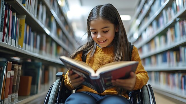 Happy young disabled mixed race school student in wheelchair reading a library book. African american child with disability learning. Inclusive & diverse education  - Powered by Adobe