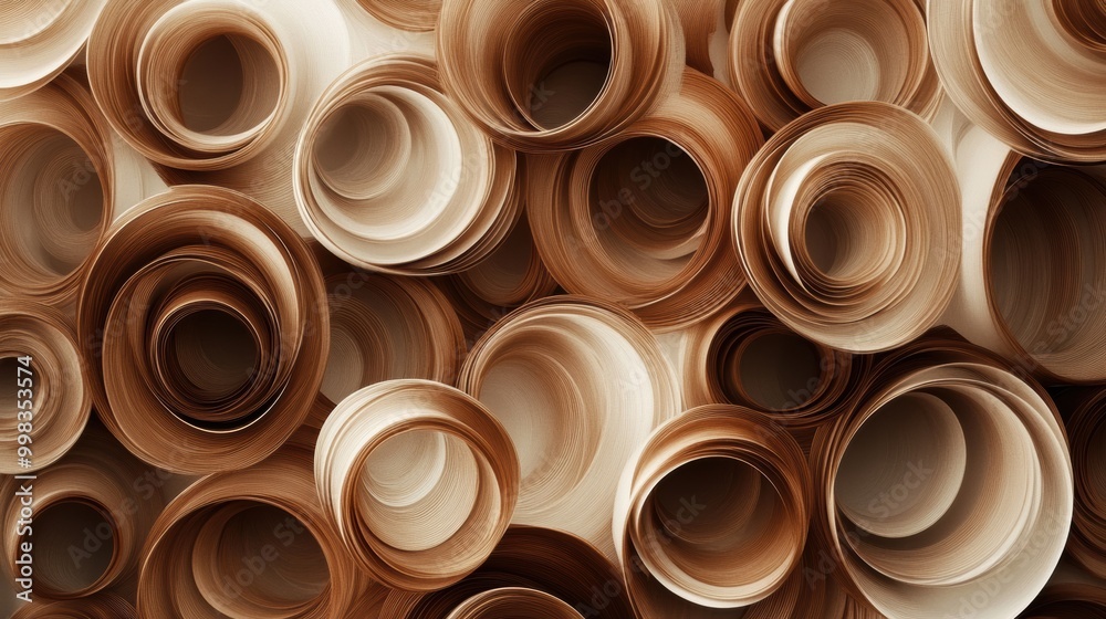 Poster overlapping rings from coffee cups form a dynamic abstract design in warm brown tones, perfect for b