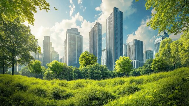 Explore a sustainable urban landscape with a clean energy focus. Discover eco-friendly buildings, net-zero initiatives, recycling symbols, and a green cityscape promoting a cleaner, greener future