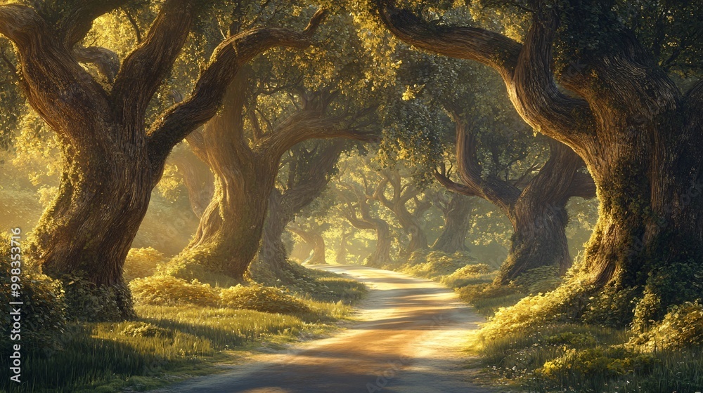 Wall mural a winding dirt path leads through a forest of ancient trees with sunlight filtering through the cano