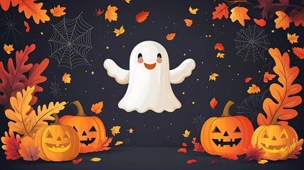 Fun Halloween ghost surrounded by pumpkins and autumn leaves for festive decoration
