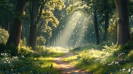 Obraz premium A winding dirt path leads through a lush forest, bathed in the warm glow of the setting sun, creating a picturesque scene of nature's tranquility.