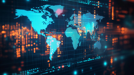 Fototapeta premium Abstract representation of stock market indices fluctuating against a digital world map, illustrating the interconnectedness of global markets. This visualization features vibrant graphs and charts ov