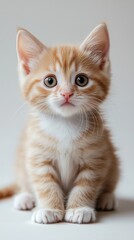 Adorable orange tabby kitten sitting, natural pose, white isolated background.