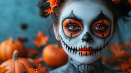 Close-up of person with Day of the Dead makeup and pumpkins in the background, Halloween theme.