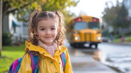 Happy Child Waiting for School Bus