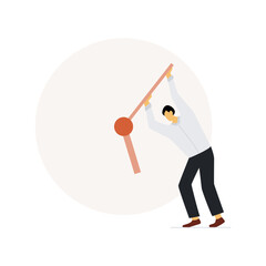 Businessman tries to stop the clock hand. Flat illustration