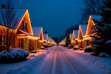 Christmas lights draped on houses, snowy rooftops, bright festive colors, neighborhood holiday cheer_00001_