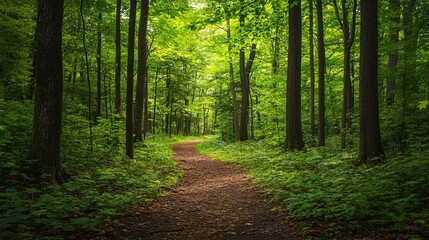 Fototapeta premium A winding dirt path through a lush green forest.